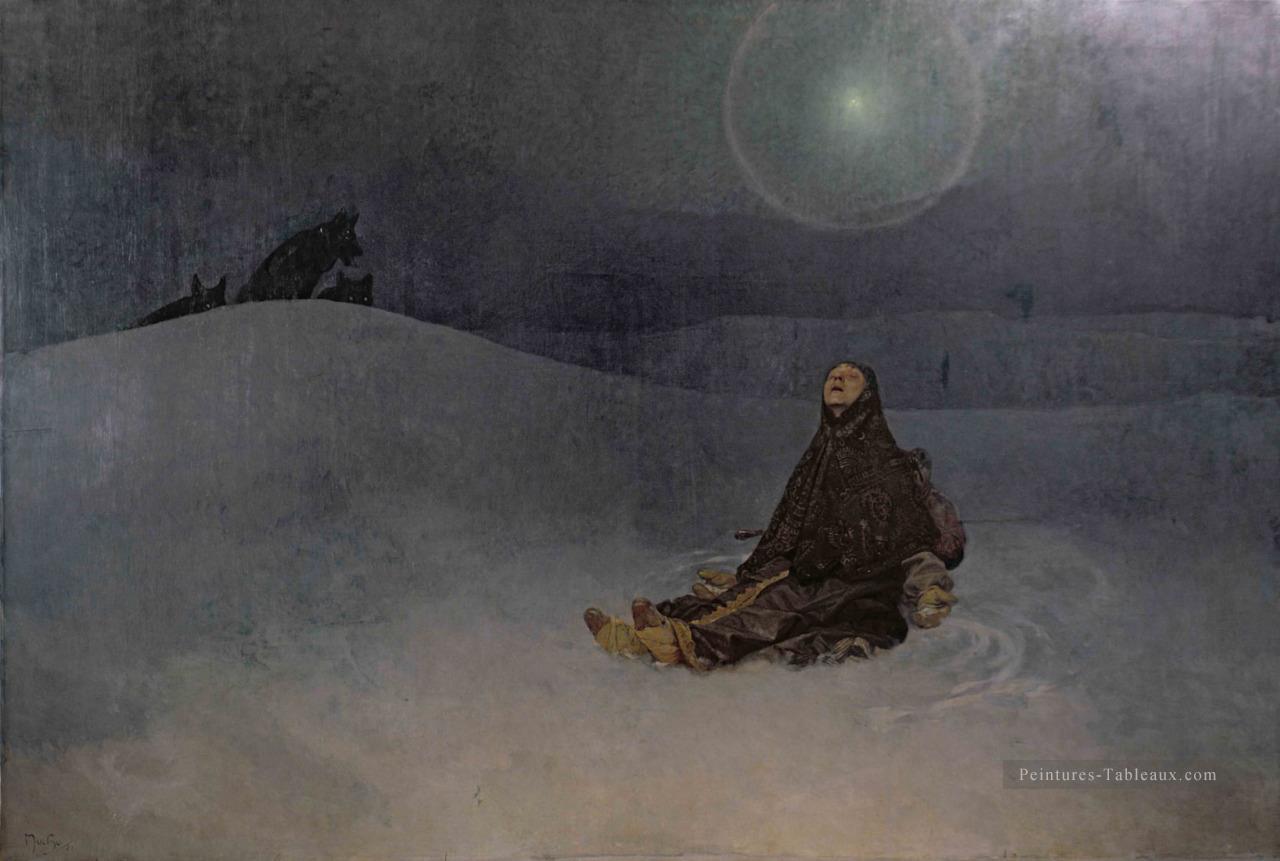Star 1923 hiver nuit femme en wildness Wolf Alphonse Mucha Peintures à l'huile